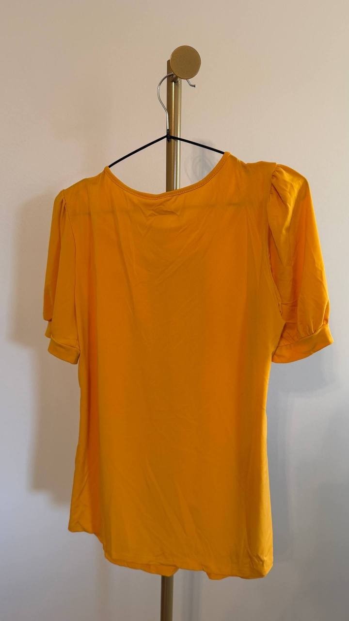NY Collection Women’s Puff Sleeve Mesh Inset Top Golden Glow PM $42 NWT
