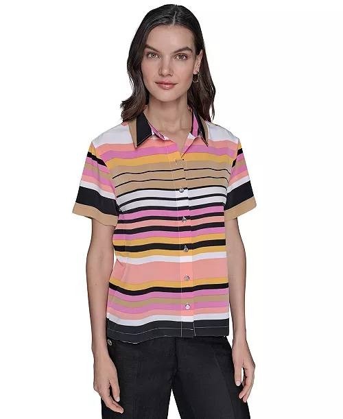 Karl Lagerfeld Shirt XS Striped Camp Collar Short Sleeve Paris Scene NWT MSRP$69
