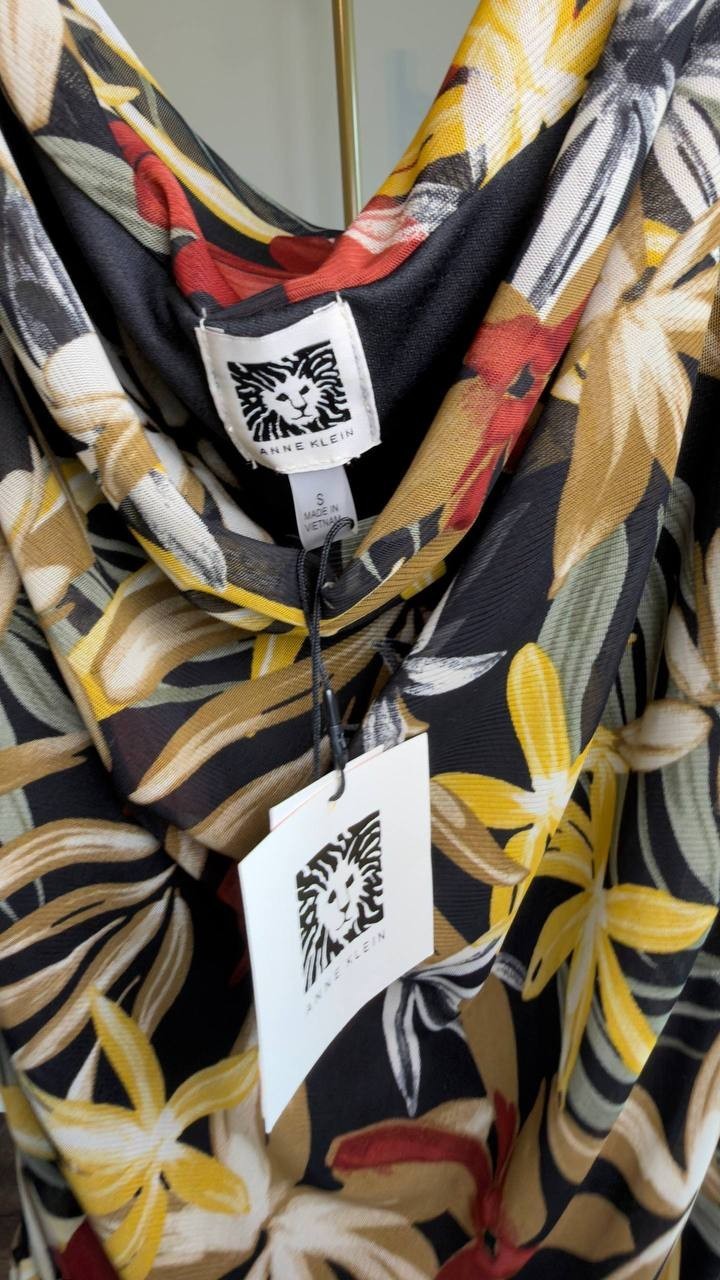 Anne Klein Printed Ruched Draped‑Neck Mesh Top Floral S NWT $69