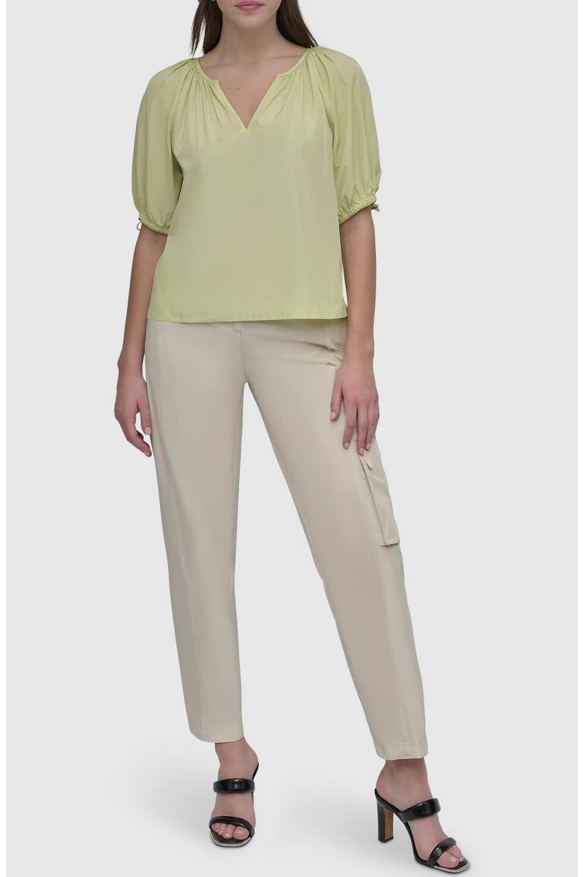 DKNY Drawcord Puff Sleeve Top Tea Green L NWT $79