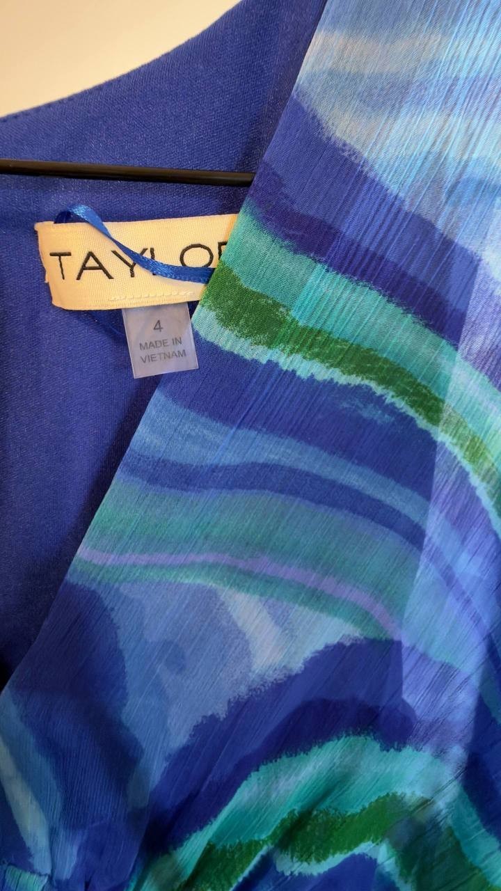 Taylor Printed Fit & Flare Chiffon Dress Blue Swirl 4 NWT $138