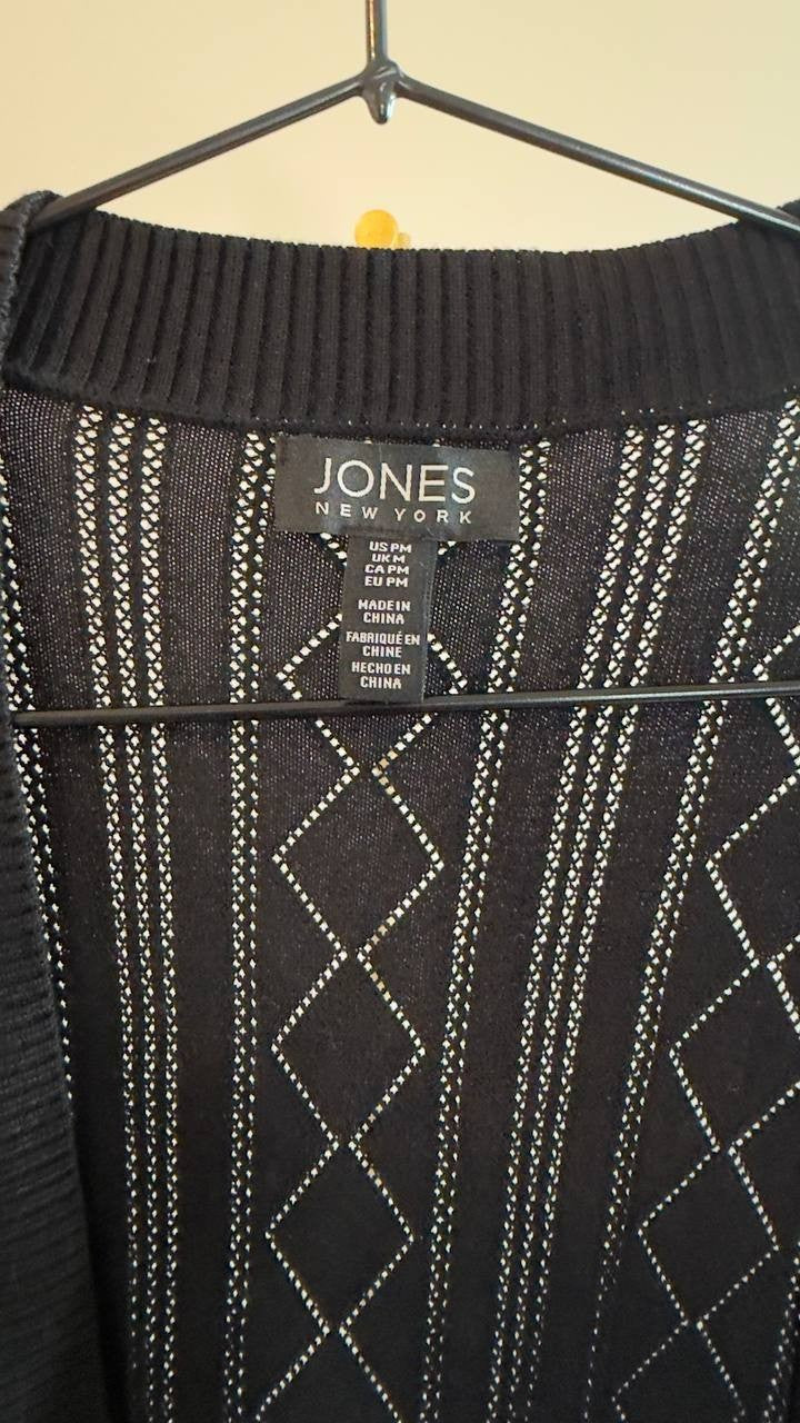 Jones New York Petite Open Stitch Short‑Sleeve Cardigan Black PM NWT $89.50