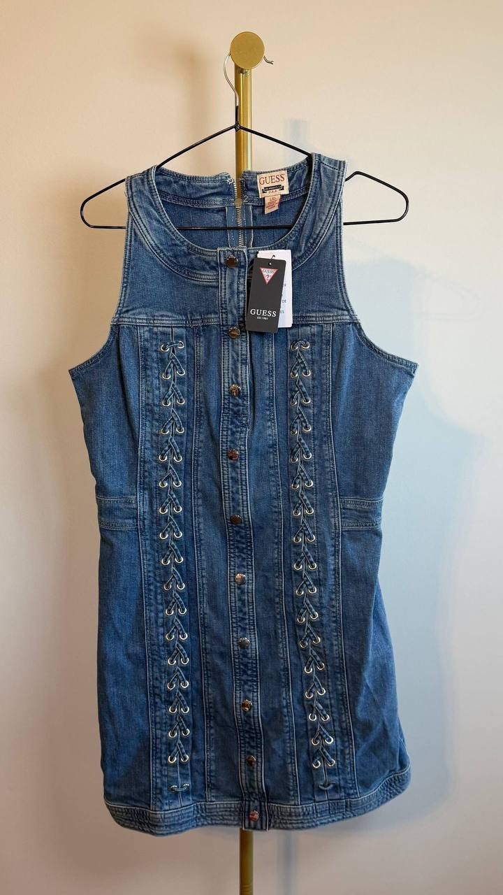 Guess Lisbeth Midi Denim Dress Lace Up Blue Size L NWT $188