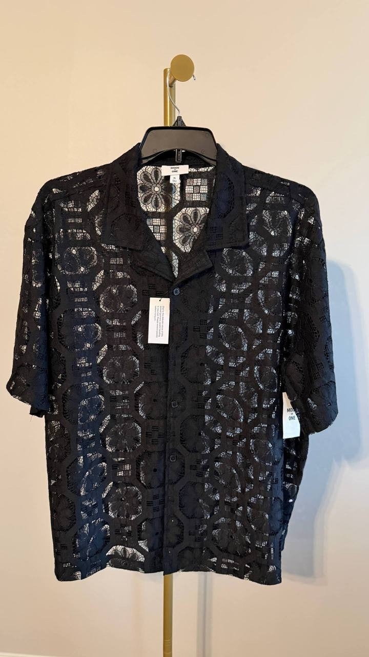 Mode of One Men’s Textured Geometric Lace Camp Shirt Black XL $49.50 NWT