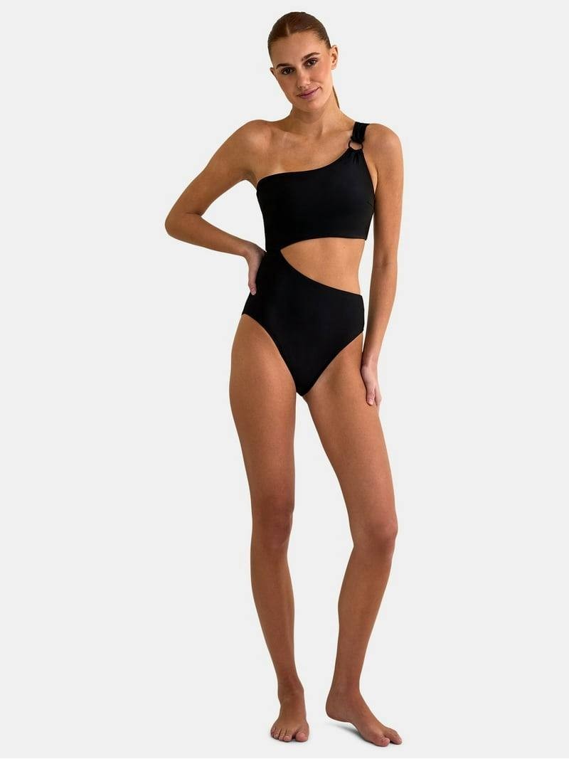 Jessica Simpson Waist‑Cutout Asymmetrical One‑Piece Swimsuit Black L NWOT $88