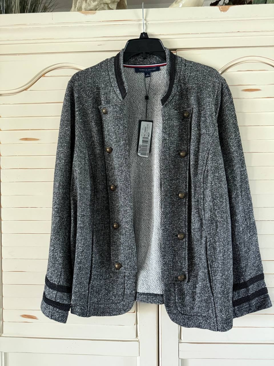 Tommy Hilfiger Marled Knit Military Jacket Black Multi 1X Plus Size Women