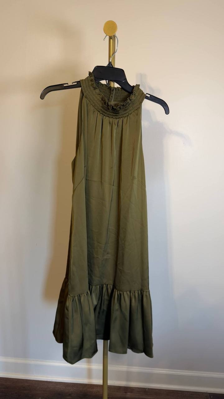 Vince Camuto Plus Size Satin Mock‑Neck A‑Line Dress Olive 16 NWT $138