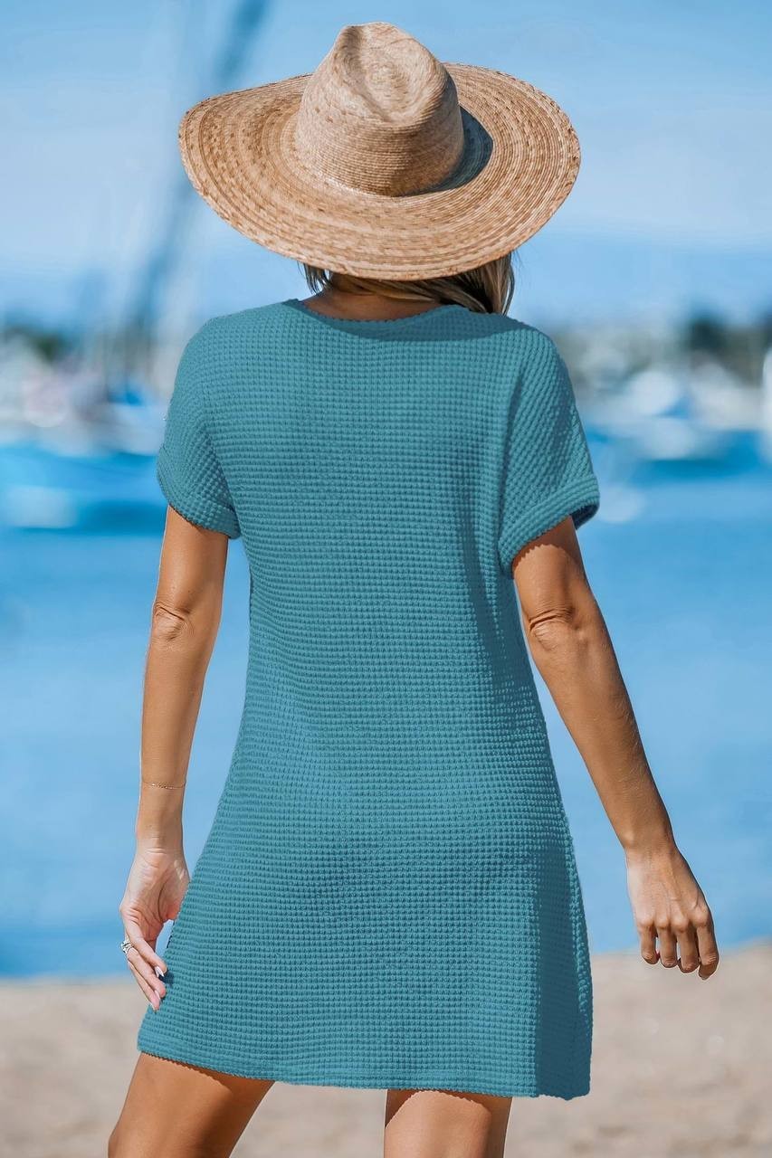 Cupshe Blue Waffle Knit Mini Dress Size L NWT Short Sleeve Beachwear