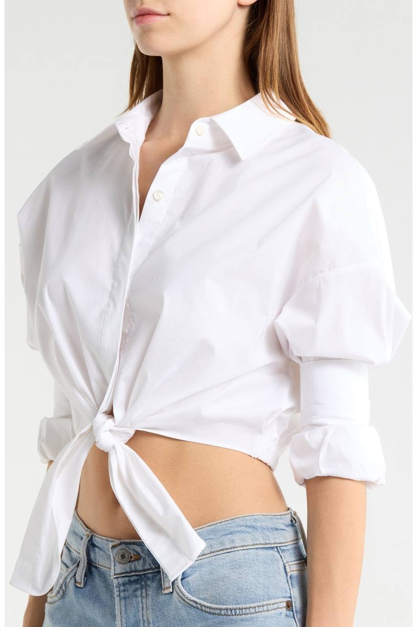 STAUD Lisa Crop Button‑Up Tie Waist Top White L NWOT $275