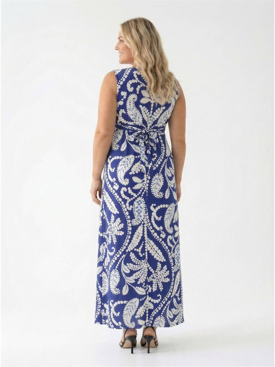 24Seven Comfort Apparel Sleeveless Empire Maxi Dress White/Navy 1X NWT $53