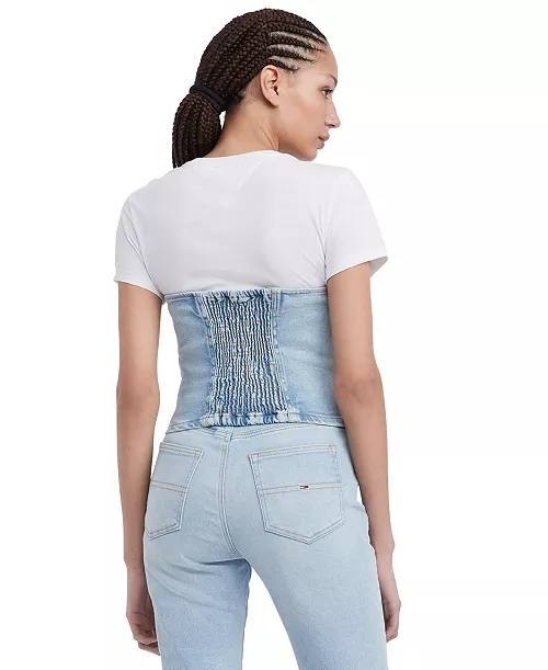 Tommy Jeans Denim Top S/P Strapless Zip-Front Smocked Back NWT - MSRP 90$