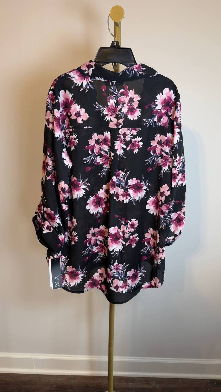 BCX Portofino Woven Top Black Floral Roll‑Tab Sleeves L NWT $79