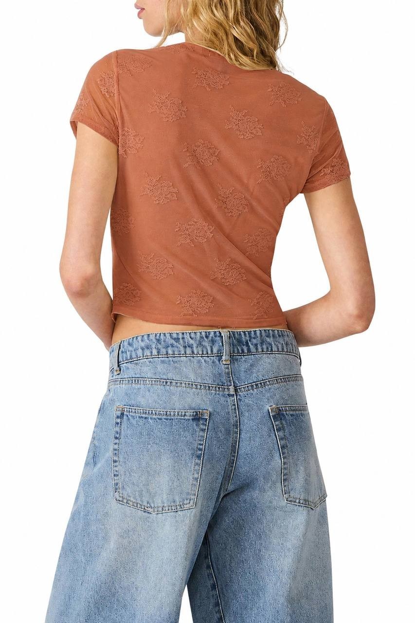 Steve Madden Peyton Mesh & Lace Top Brown M NWT $59