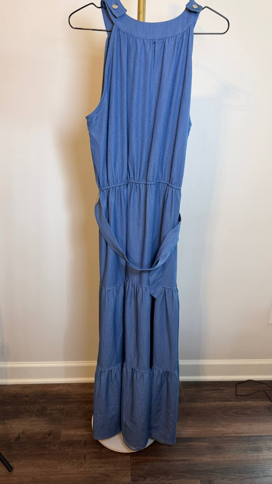T Tahari Women’s Tiered Fit & Flare Halter Maxi Dress Blue $138 NWT