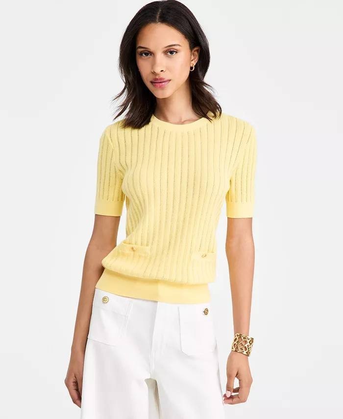 Tommy Hilfiger Women’s Pointelle Short‑Sleeve Sweater Yellow XS NWT $79.50