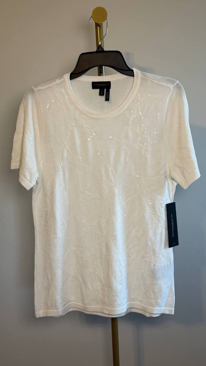 Donna Karan NY Short-Sleeve Sequin Detail Sweater Cream M NWT $99