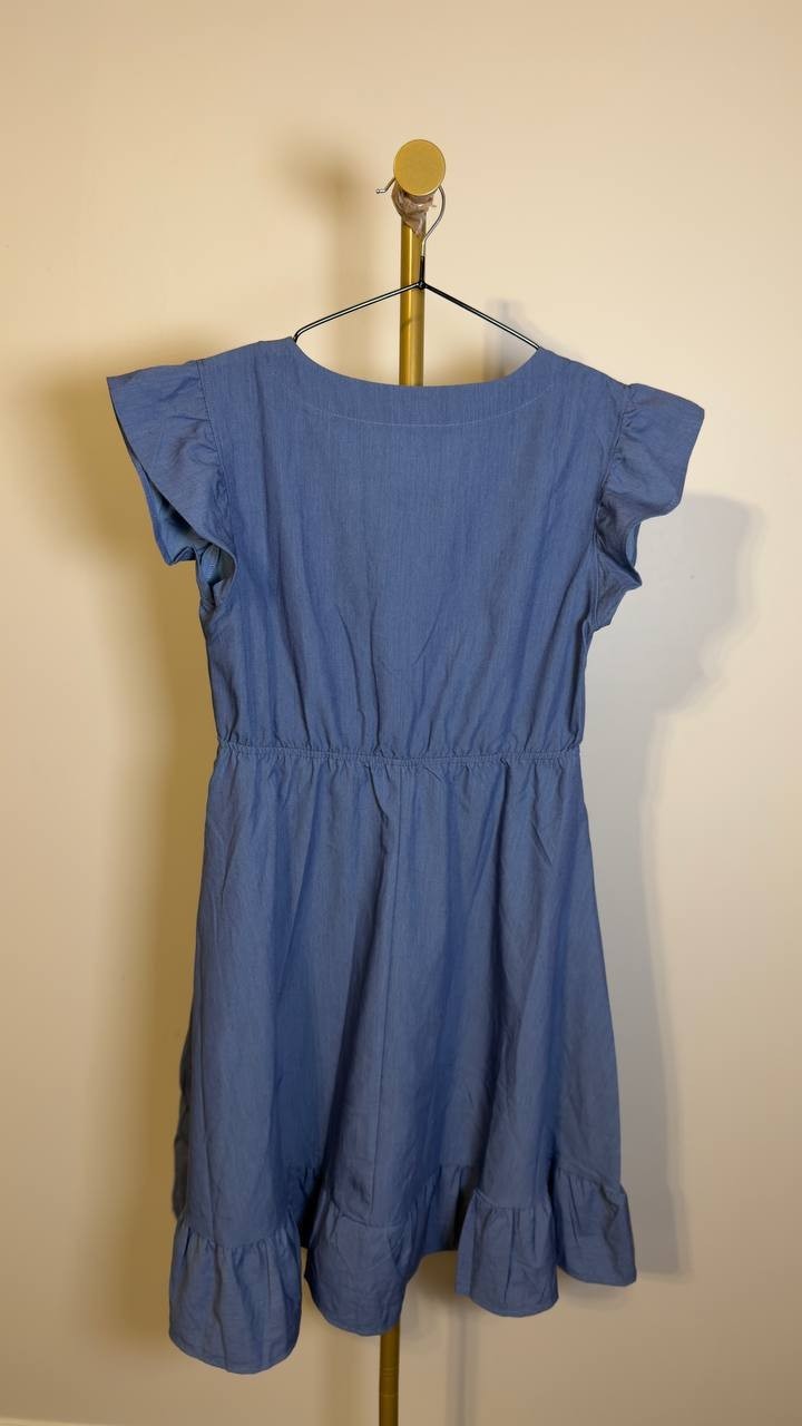 White Mark Ruffle Sleeve Button-Front Knee-Length Dress Blue L NWT $76