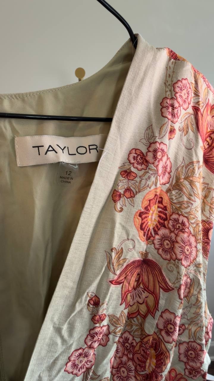 Taylor Women’s V‑Neck Floral A‑Line Dress Sage Coral 12 NWT $129