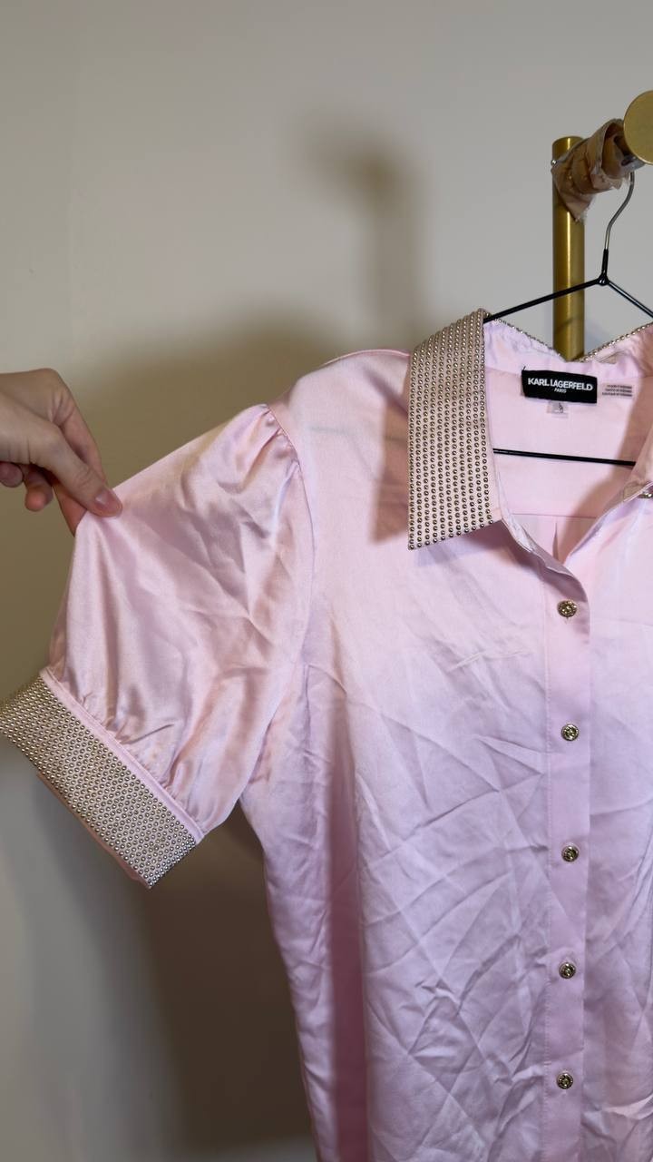 Karl Lagerfeld Paris Satin Stud Beaded Sleeve Blouse Soft Pink L NWOT $109