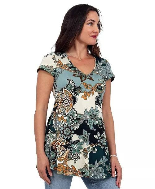 24seven Comfort Apparel Women’s Floral Print V‑Neck Top Blue/Ivory M NWT $67