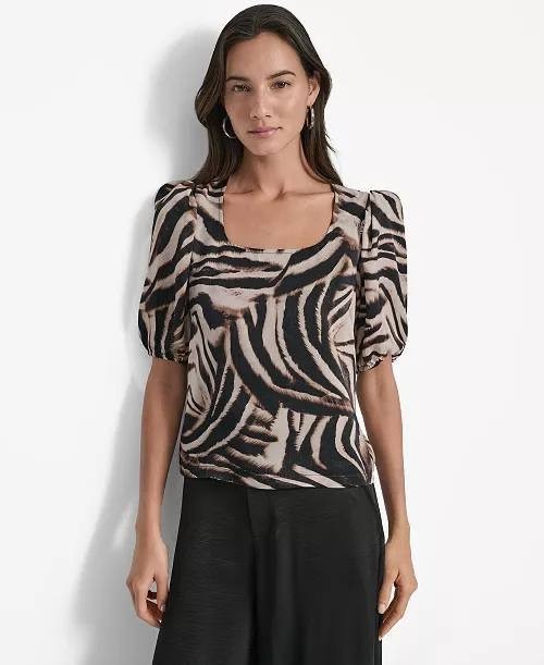 DKNY Printed Satin Puff-Sleeve Zipper Top Blurred Zebra S NWT $89