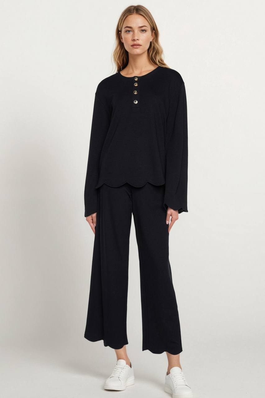Three Dots Crystal Bell Long Sleeve Tee, Henley Neckline, Black Beauty S