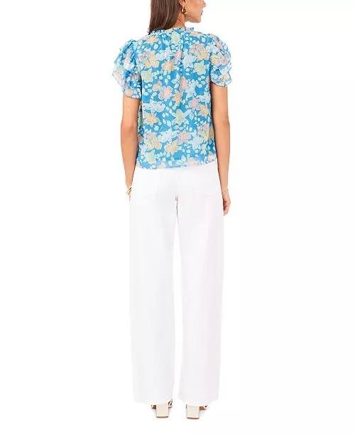 1.STATE Floral Tie‑Neck Short Flutter‑Sleeve Blouse Blue XS NWT $79
