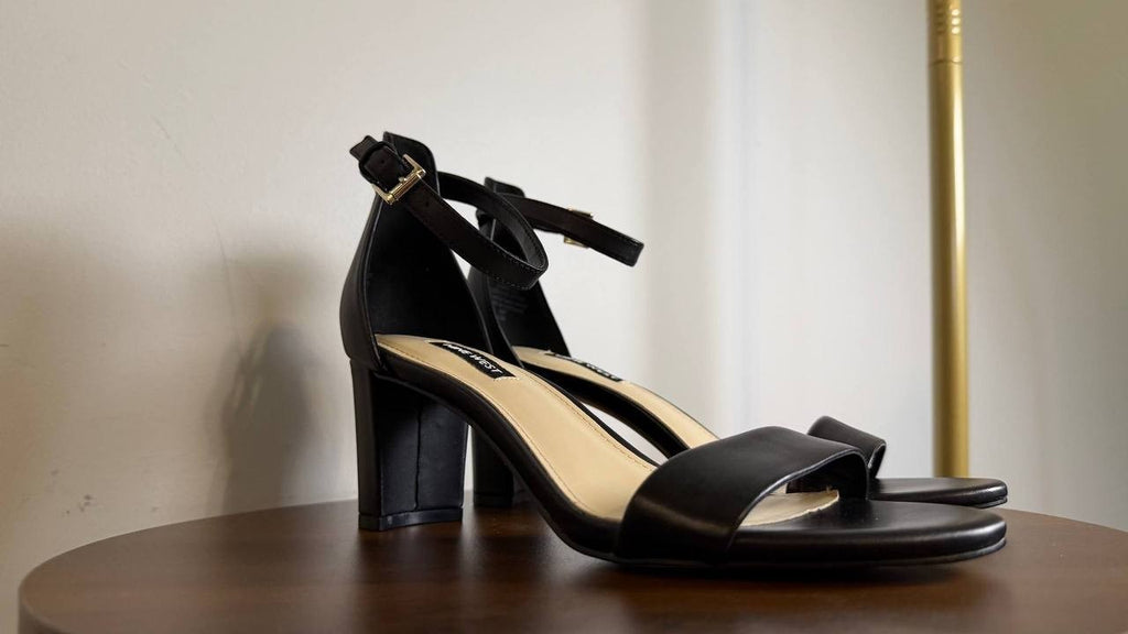 Nine West Pruce Ankle Strap Block Heel Sandals Black Leather Women’s 7M NWB $89