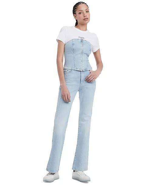 Tommy Jeans Denim Top S/P Strapless Zip-Front Smocked Back NWT - MSRP 90$