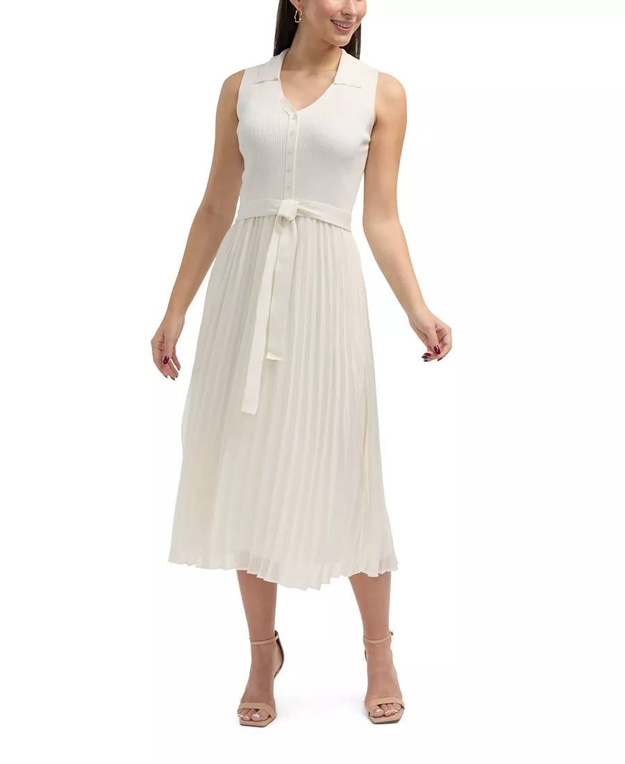 Ellen Tracy Ivory Sleeveless Pleated Dress Size L with Belt Good Pre-Owned