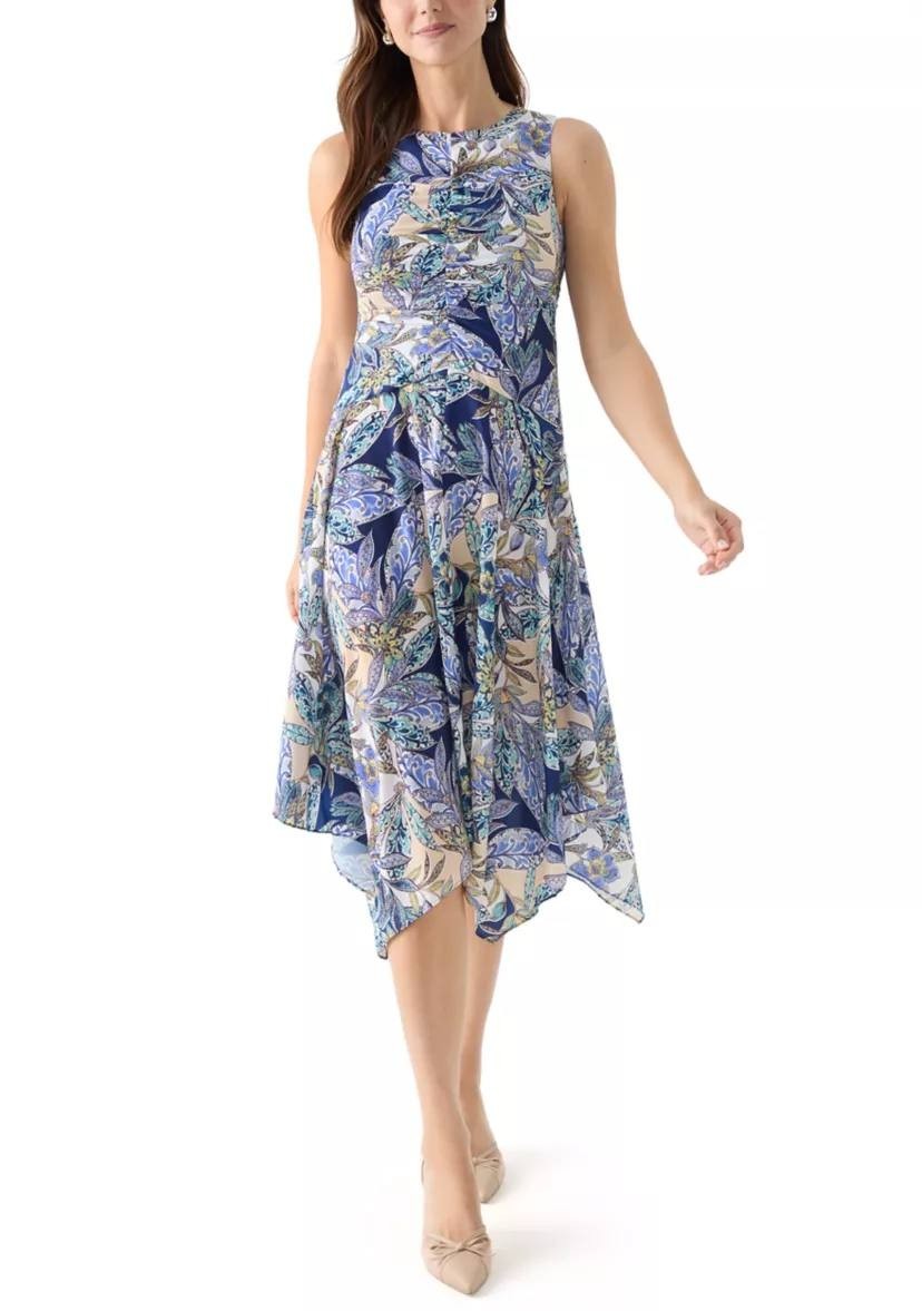 Vince Camuto Sleeveless Crew Neck Printed Fit & Flare Dress Blue 16 NWT $168