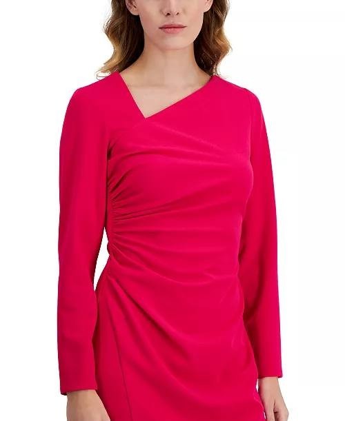 Anne Klein Ruched Midi Dress – Size XL – NWT – Rich Red Asymmetrical NeckLongSle