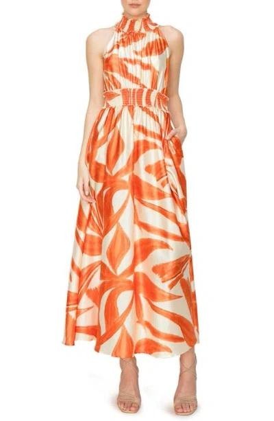 Melloday Geo Mock Neck Maxi Dress –Orange Print– Size S – NWT – $99