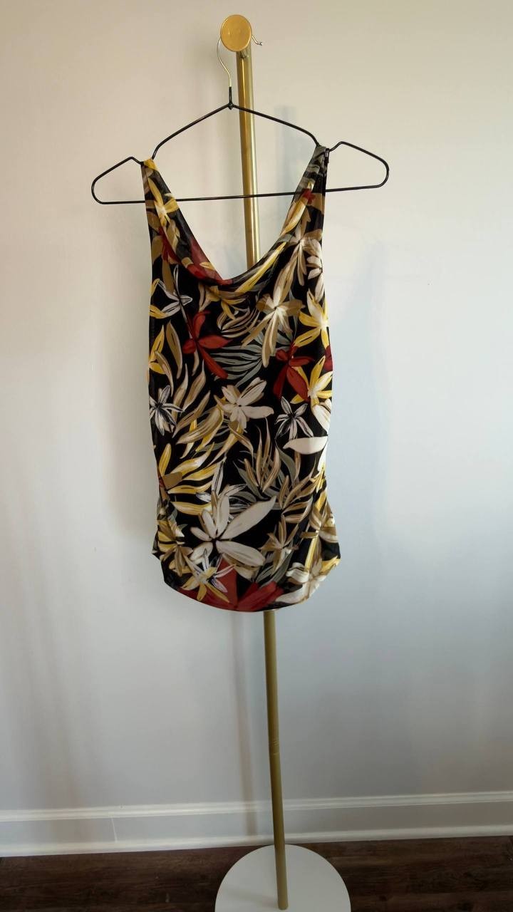 Anne Klein Printed Ruched Draped‑Neck Mesh Top Floral S NWT $69