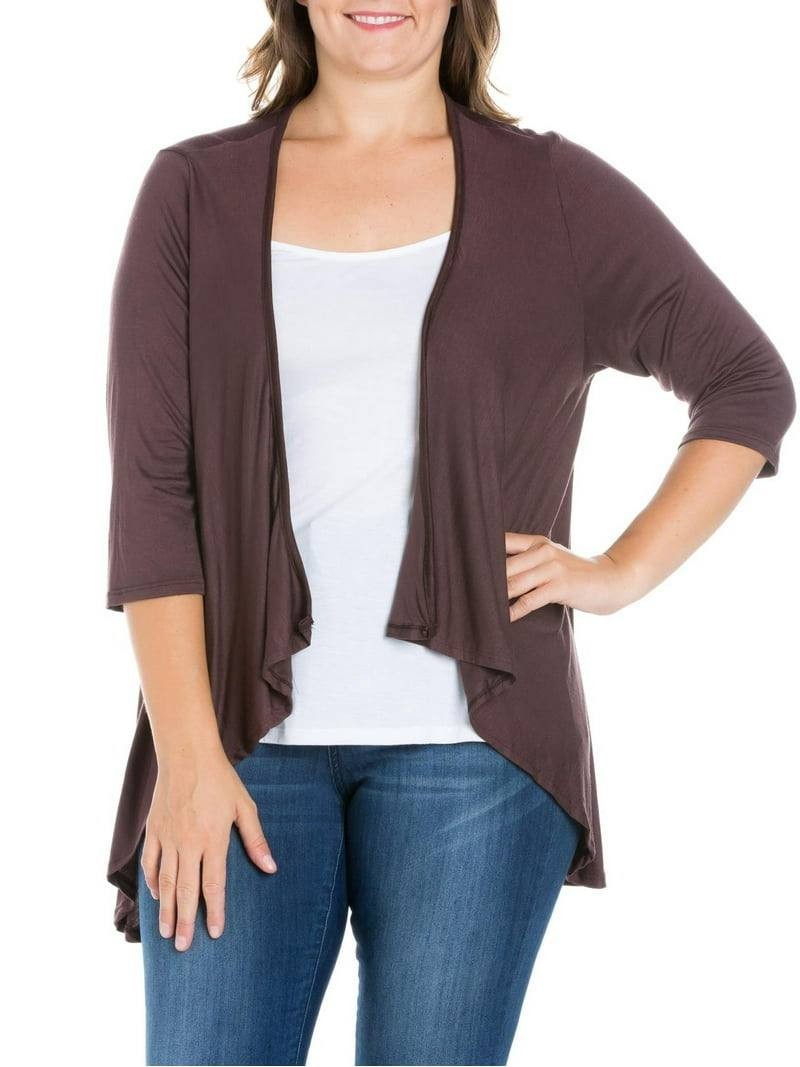 24Seven Comfort Apparel Elbow Sleeve Open Front Cascading Jacket Brown S NWT $37