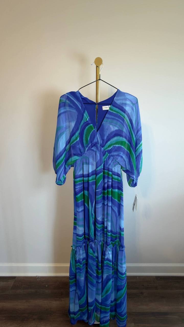 Taylor Printed Fit & Flare Chiffon Dress Blue Swirl 4 NWT $138