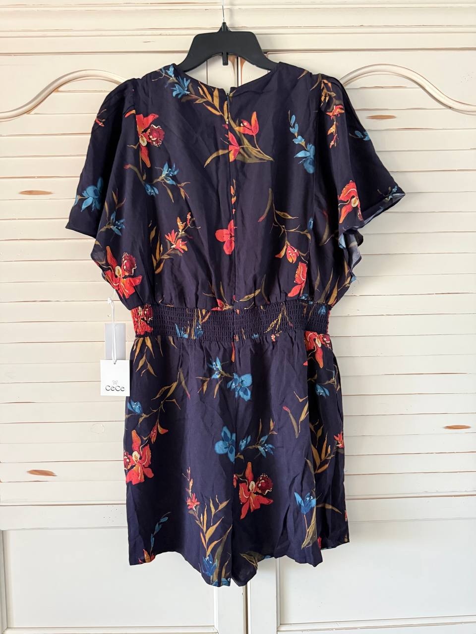 CeCe V-Neck Flutter-Sleeve Romper L Classic Navy NWT $79
