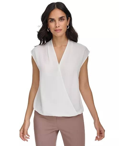 Calvin Klein Faux Wrap Blouse Polyester White L NWT