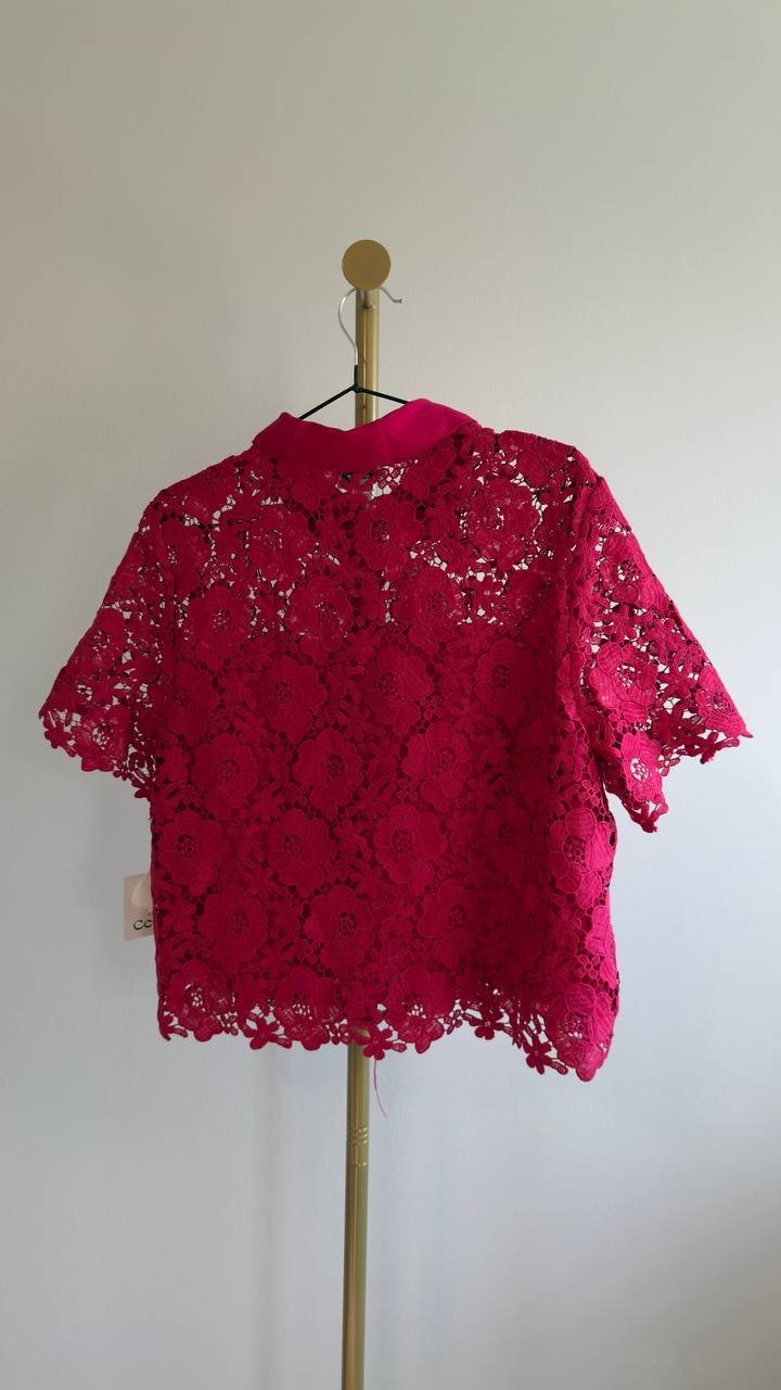 CeCe Lace Short‑Sleeve Button‑Up Top Rose Cherise L NWT $99