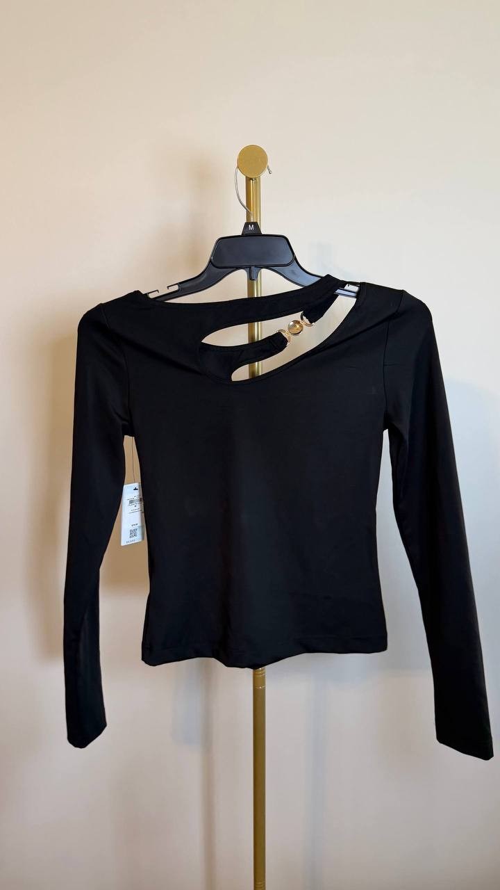 Guess Eco Eleanor Buckle Long Sleeve Top Black Size M NWT $79