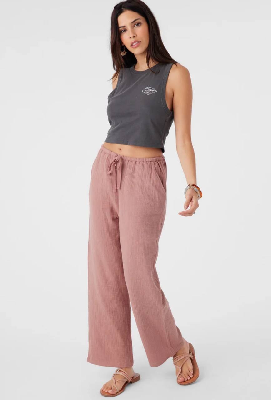 O'Neill Wide-Leg Cropped Pants - Crinkle Cotton, Rosewood Pink Drawstring