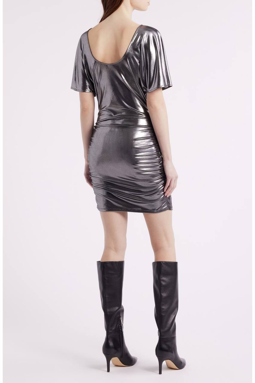 BOSS Orange Lamé Ruched Mini Dress Flutter Sleeves Grey L NWT $149