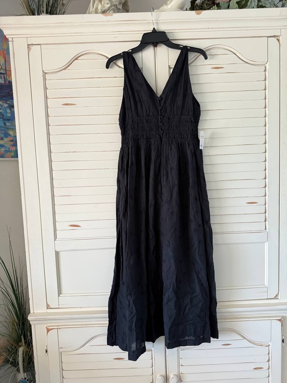 Lucky Brand Dress M Black V-Neck Smocked Waist Midi Flutter Sleeve MSRP $149