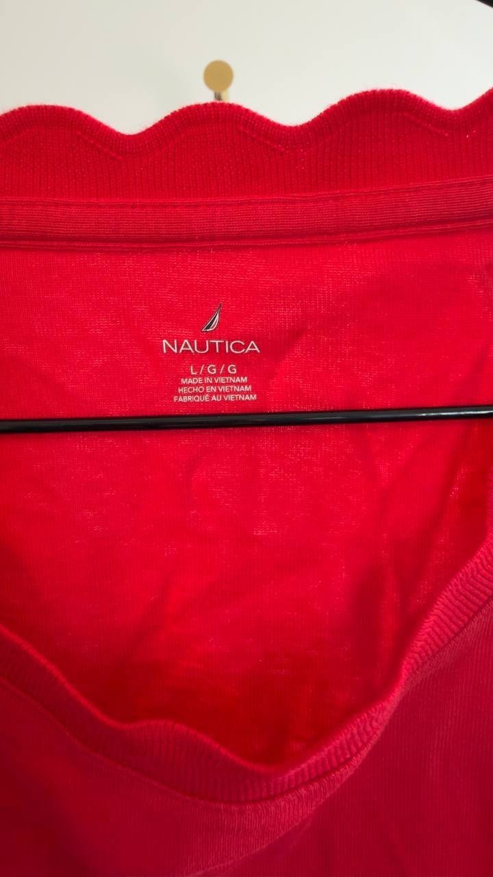 Nautica Women’s Scallop-Trim Cotton Short-Sleeve T-Shirt Red L NWT $39.50