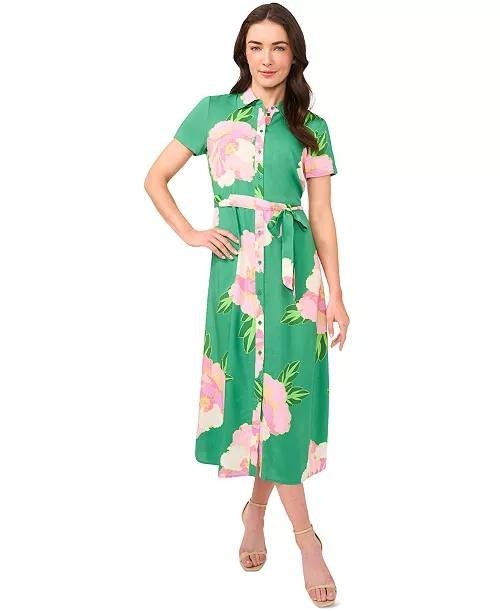CeCe Garden Floral Button-Front Midi Shirtdress – Size L