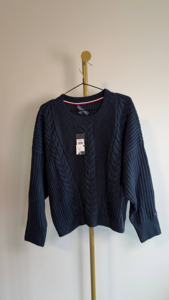 Tommy Hilfiger Traveling Cable Cotton Sweater Sky Captain L NWT $79.50