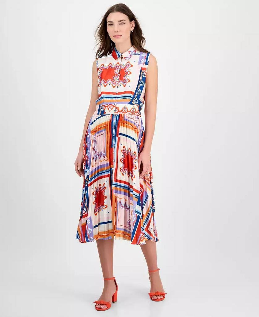 Tahari Women’s Printed Pleated Midi Shirtdress Como Tile 10 NWT $138