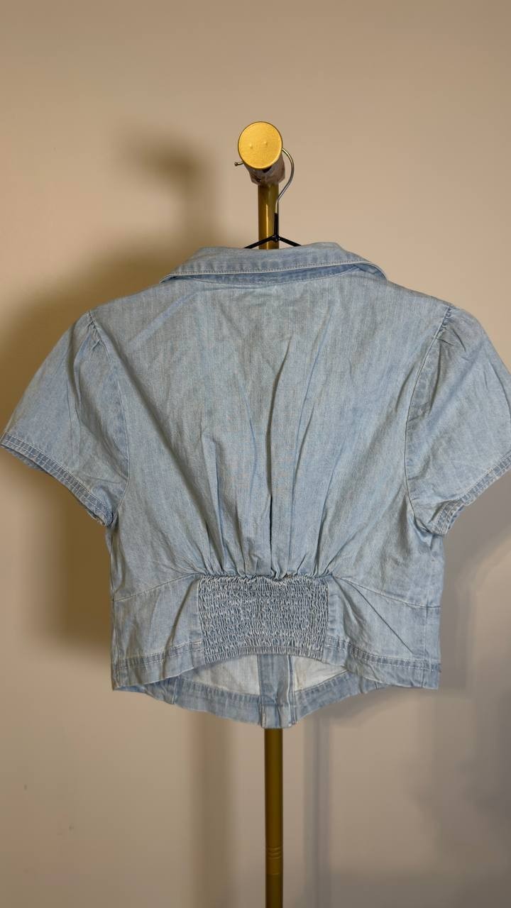 Free People Easy Does It Crop Cotton Button-Up Top Ice Crush S/P NWT $45