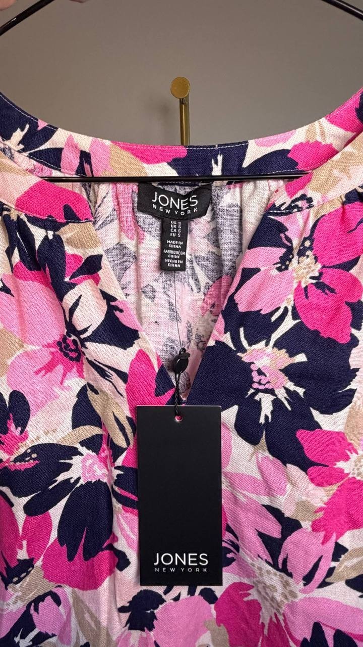 Jones New York V‑Neck Print Tie‑Sleeve Linen Blend Blouse White Multi S NWT