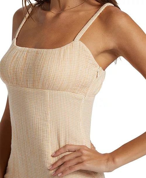ROXY Sweet Lily Mini Slip Dress - Beige Gingham Cotton, Juniors Festival